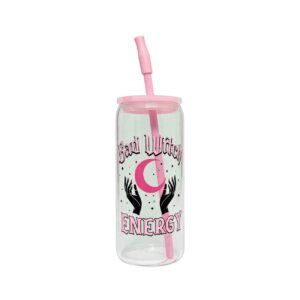 Vaso de Vidrio con Popote y Tapa Rosa "Bad Witch Energy" – Estilo Can Glass Místico / Halloween