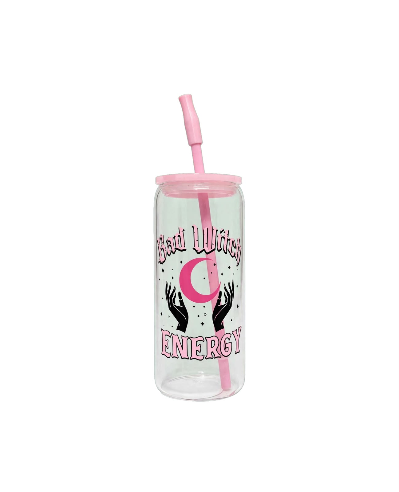 Vaso de Vidrio con Popote y Tapa Rosa "Bad Witch Energy" – Estilo Can Glass Místico / Halloween